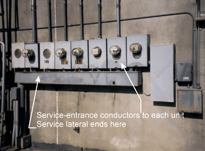Figure 6. Service lateral conductors are run from the utility transformer to a wireway mounted below the meter sockets.