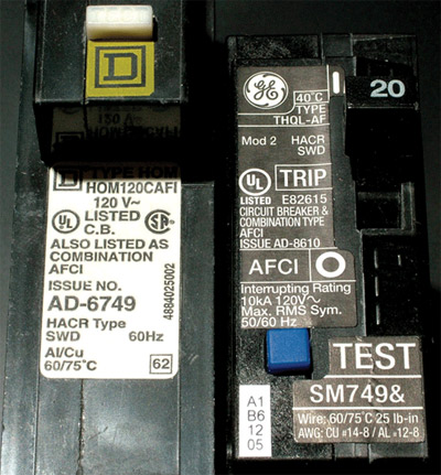 Photo 4. Close-up of labels clearly identifying these AFCI devices as combination type