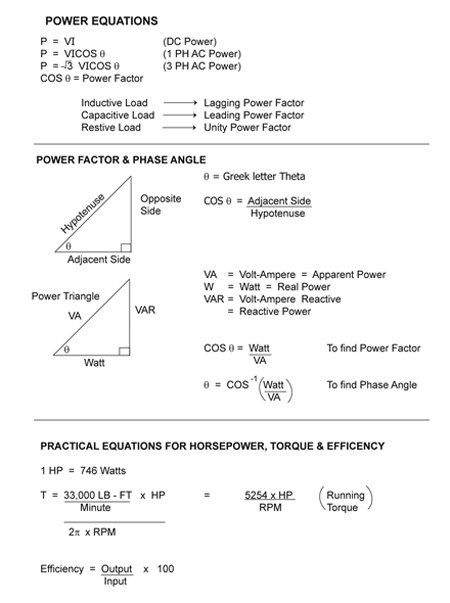 Table 1. Power equations for DC, single-phase AC and three-phase AC. It also includes a graphical aid called the power triangle, which utilizes trigonometric identities to help with the analysis of power factor. Finally, some practical equations are included to calculate horsepower, torque, and efficiency.