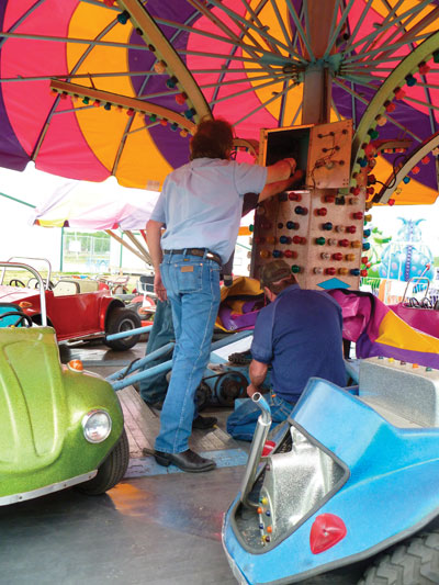 Photo 1. Inspectors check the lighting on a kiddie ride for grounding continuity.