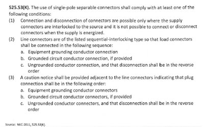 Photo 6. Single-pole separable connectors (cam-locks) used for portable wiring on festival sites must be installed per 525.53(K).