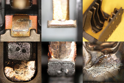 Photo 5. This collage of photos shows a before-and-after for breakers. The top row shows a breaker which has not been in operation. The left and middle photos show both sides of the contacts, and the right photo shows the arc chutes. The bottom row shows an example of the same parts of another breaker which has been subjected to a high fault current condition and had to open, causing damage to its components.