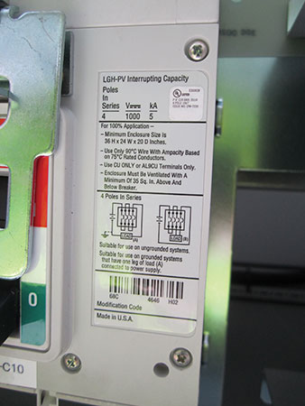 Photo 2 shows the termination temperature of 75°C on a 350 Amp dc rated breaker.