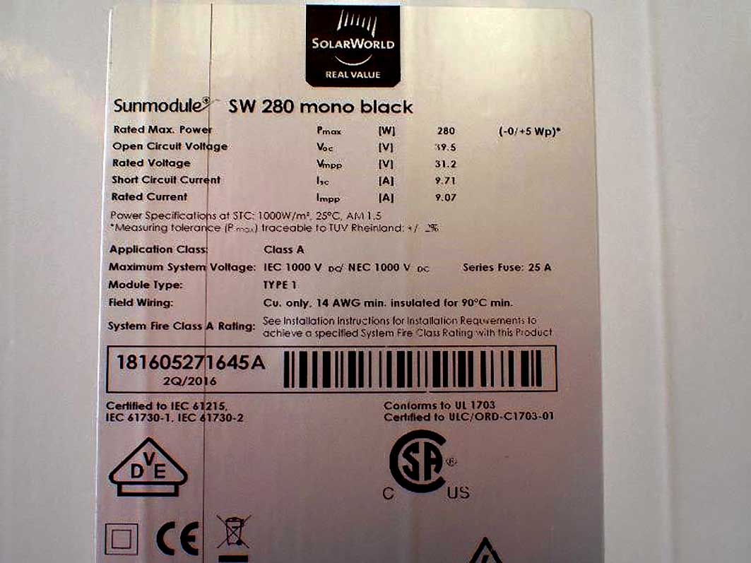 Photo 1. Photograph of module label indicating short-circuit current rating of 9.71 amperes