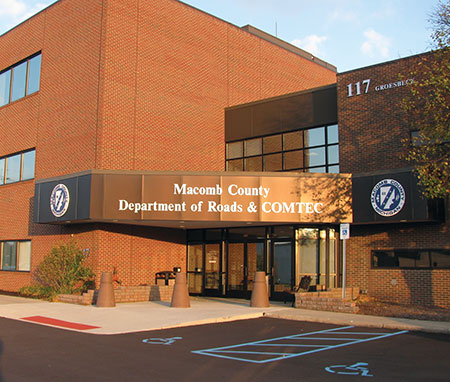 Figure 1. The Macomb County, Michigan COMTEC safety center was rebuilt from an existing structure and upgraded to modern codes, including those dealing with grounding and lightning protection. It has never suffered lightning-induced damage.