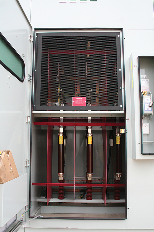 Photo 4. A group operated 27.6 kV load-break switch with fuses. Note the internal barrier in front of the switch and the viewing window in the enclosure door.
