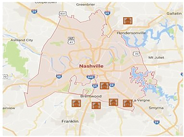 Figure 1. Identified locations of use of CCA BCBW in Metro Nashville, TN. Residences located outside of the city core.