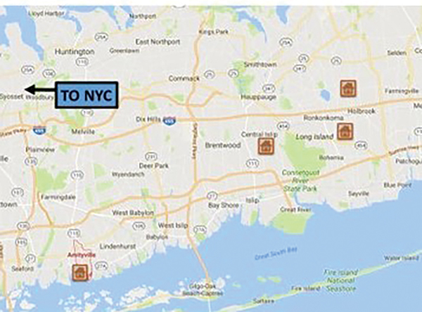 Figure 2. Identified locations of use of CCA BCBW in Long Island, NY. Residences located within 30 miles of New York City.