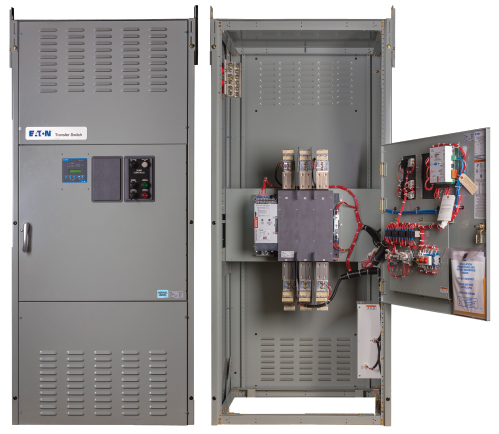 Figure 1. Transfer switch exterior and interior (Courtesy of Eaton).