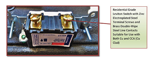 Figure 1. Residential grade Leviton switch with zinc electroplated steel terminal screws and brass double-wipe steel line contacts suitable for use with both Cu and CCA (Cu Clad).