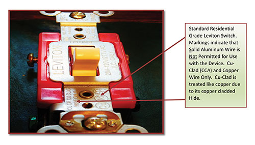 Figure 2. Standard residential grade Leviton switch. Markings indicate that solid aluminum wire is not permitted for use with the device. Cu-Clad (CCA) and Copper Wire Only. Cu-Clad is treated like copper due to its copper cladded hide.