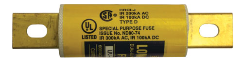 Example of Marked Product. Example of a fuse and label that shows the interrupting capability of this device. Note that the device has a marking label from both CSA Group and UL.