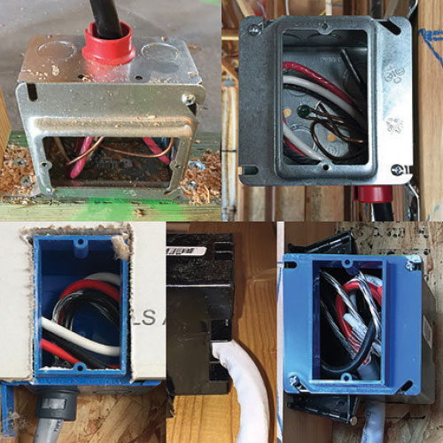 Photo 1: Several examples of range rough connection boxes. Cable connectors have been used properly in three of these examples. In the fourth example, we see the side view and front view of a cable that is installed directly into the box. In this case you have to verify the box is listed for the size of cable being used. Most switch/receptacle boxes cable entrance locations are not properly sized for larger cables.