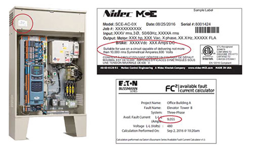 Figure 1. Example of elevator controller SCCR label and label indicating the available fault current at the elevator controller. Courtesy of MCE