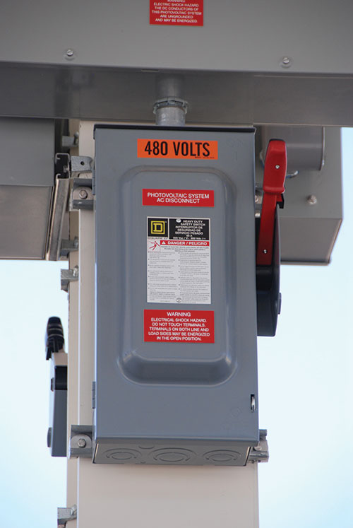 Photo 2. PV system ac disconnect. The disconnect is supply-side connected to 480-volt service entrance conductors and certified as suitable for use a service equipment.