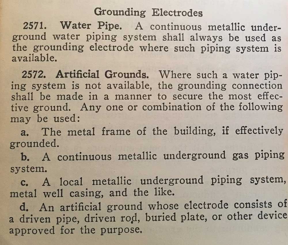 Figure 11. 1937 NEC Grounding electrode requirements.