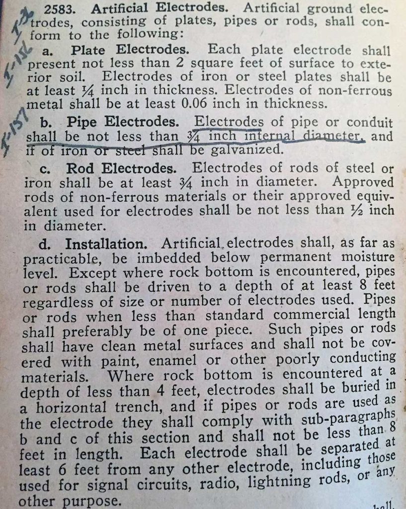 Figure 12. 1940 NEC Grounding electrode requirements.