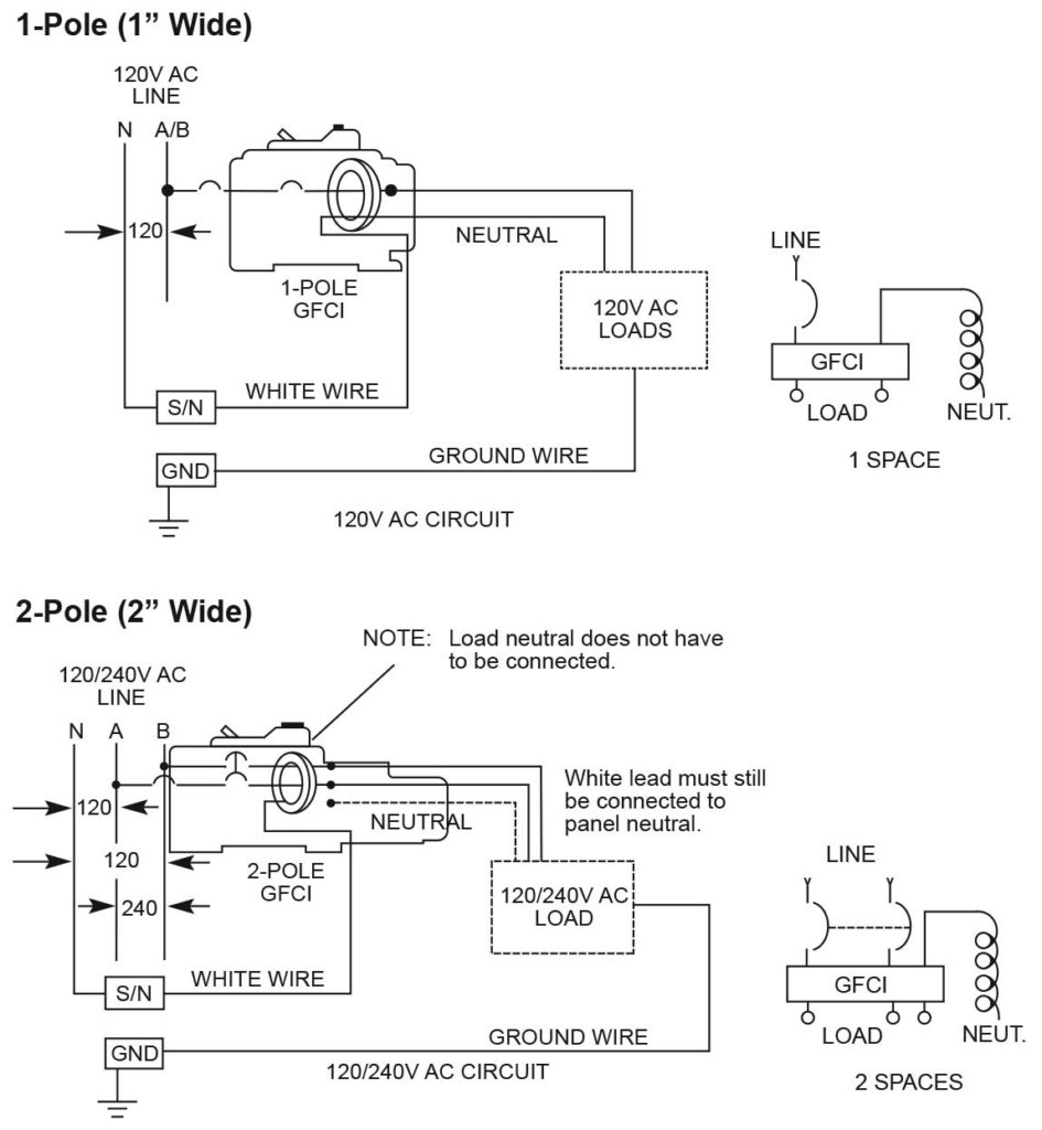 Figure 2. Sample wiring diagrams from Siemens Specification Sheet for Ground-Fault Circuit Interrupter, Class A 5mA. Courtesy of Siemens Industry, Inc