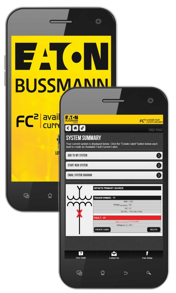 Figure 2a and 2b. Smartphone demonstrating Available Fault Current Calculator (FC2), an Eaton Bussmann series mobile app. Courtesy of Eaton.