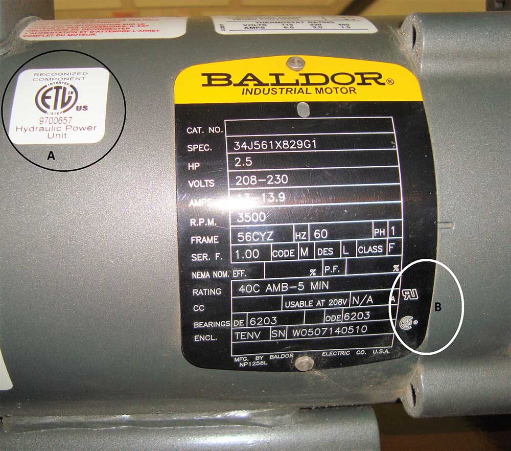 Photo 3. This power unit has the ETL recognition mark for the entire power unit (A), as well as individual UR and CSA recognition marks for the electric motor only (B). Note, these listing marks do not provide approval of the entire automotive lift.