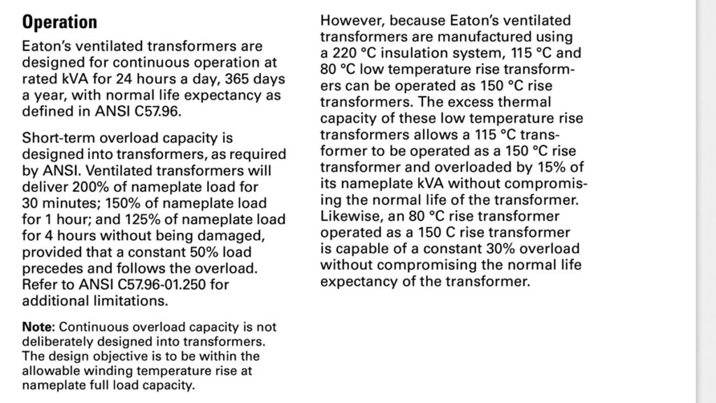 Figure 1. Information about continuous overload capacity. Courtesy of Eaton