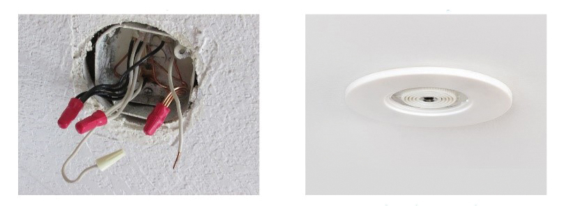 Figure 5. Exposed Wires for Luminaire Installation (left, code violations noted) and Example of Installed WSCR to plug in Luminaire (right). Courtesy of Sky Technologies.