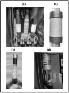 Figure 2. Examples of challenges when trying to collect fuse data. (a), (c) and (d): worn-out label; (b) In some fuses such as Jefferson Electric Industrial Fuses the rating is stamped on the side of one of the cups.