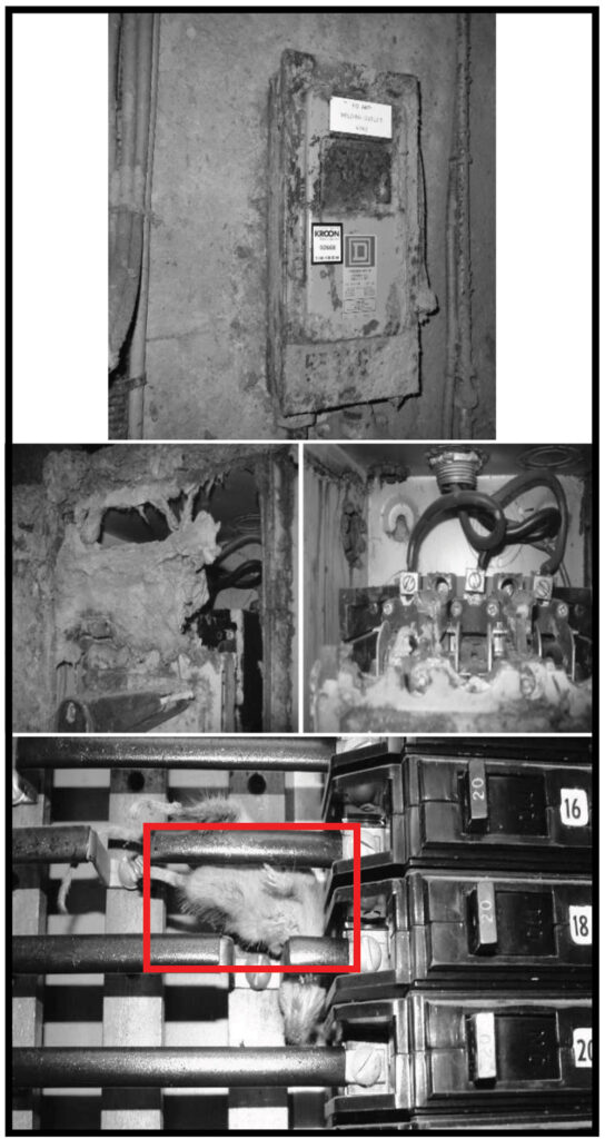 Figure 3. Lack of proper maintenance for the equipment on site can result in voiding the outcomes and recommendations of any pre-performed power studies; and can lead to uncalculated hazards. A trapped mouse in the bottom picture is one example.