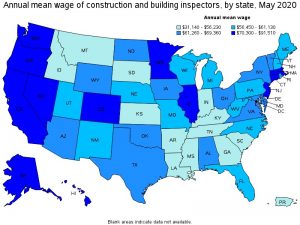 Figure 1. Annual mean wages of construction and building inspectors by state. May 2020
