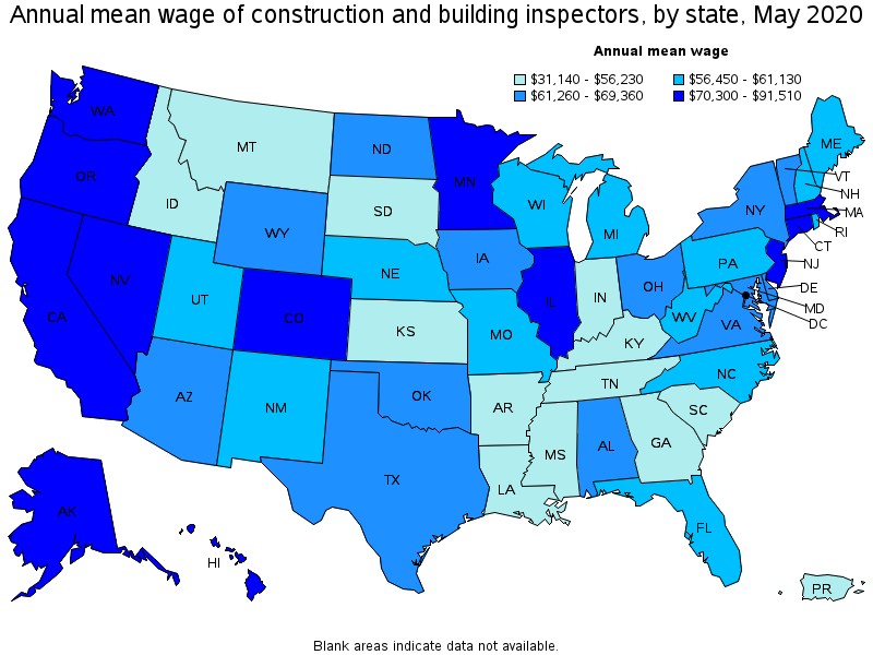 Figure 1. Annual mean wages of construction and building inspectors by state. May 2020
