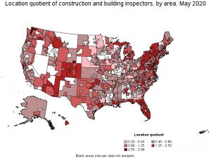 Figure 2. Location quotient of construction and building inspectors by area. May 2020.