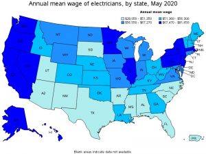 Figure 3. Annual mean wages of electricians by state, May 2020