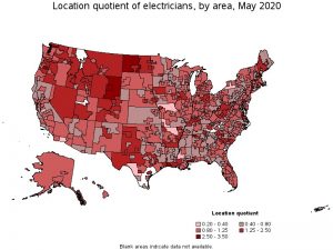 Figure 4. Location quotient of electricians by area, May 2020.