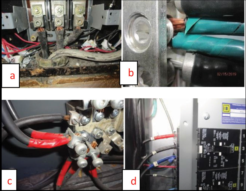 Figure 3. Examples of common anomalies in cables, “a” and “b”: loose connections, “c”: uneven torques on the connectors, and “d”: improper cable sizes. [Note: three of the photos show improper termination of more than one conductor for the termination.]