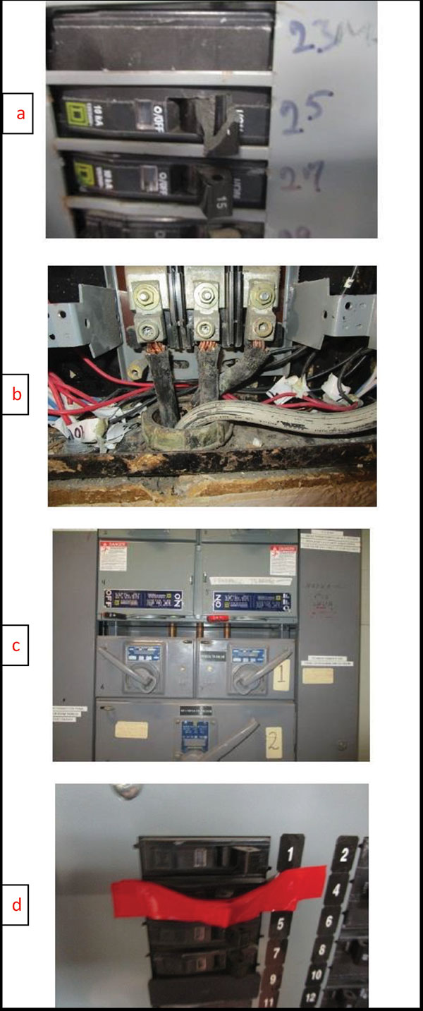 Figure 7. Some of the common bad practices with circuit breakers installations: a: melted CB due to excessive heat, b: loose connections, c: exposed bus bars, and d: locking a CB off with an electric tape (improper log out/tag out).