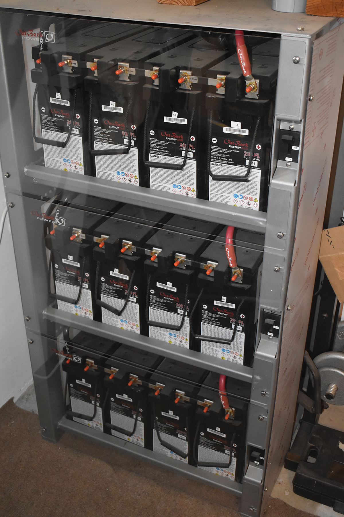 Photo 6. Stationary, sealed lead-acid battery bank meeting NEC Article 480 requirements. Courtesy of John Wiles