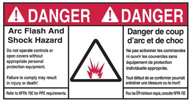 Image 1. Arc / Flash warning marking with appropriate color and French translations.  Note: NFPA70E is not the applicable Canadian standard for workplace electrical safety.