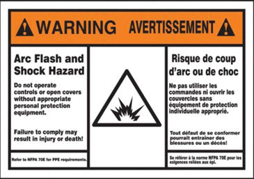 Image 2. Arc / Flash warning marking with inappropriate color scheme and signal word.  Note: NFPA70E is not the applicable Canadian standard for workplace electrical safety.