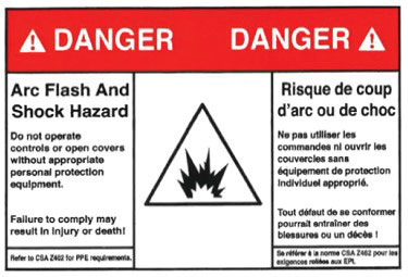 Image 3. Arc / Flash warning marking with appropriate color scheme and French translation.  CSA Z462 is the correct standard for workplace electrical safety in Canada.